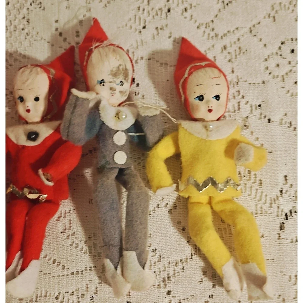 (Lot of 6) Vintage Elves  Knee Hugger Elf  Clown Elf  Japan Mcm Christmas